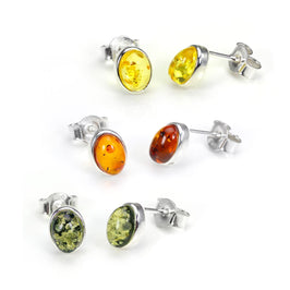 Petites boucles d'oreilles ovales en argent sterling et ambre de la Baltique