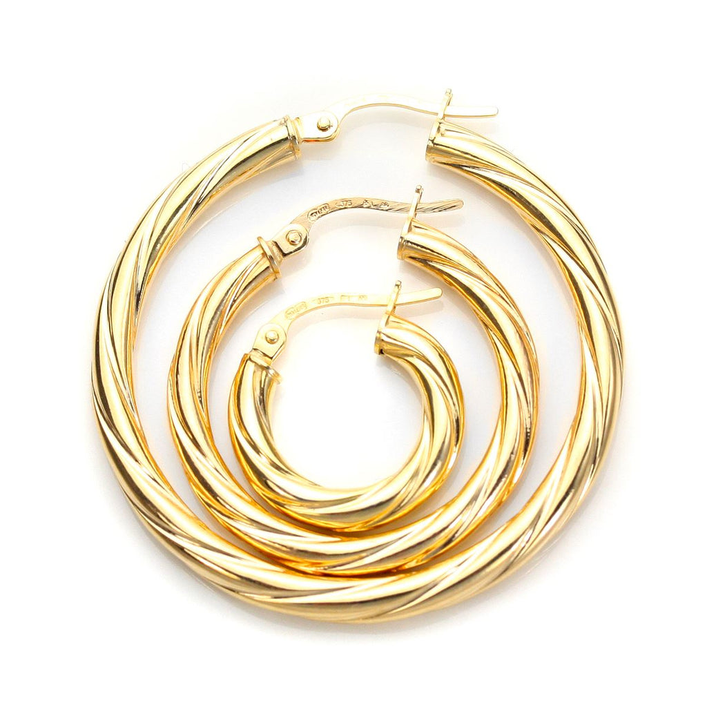 Boucles d'oreilles créoles torsadées en or jaune 9 carats de 3 mm