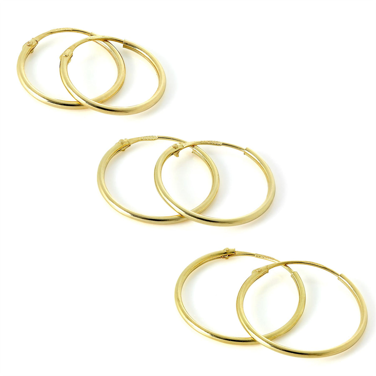 Boucles d'oreilles créoles légères en or jaune 14 carats, 10 mm - 13 mm