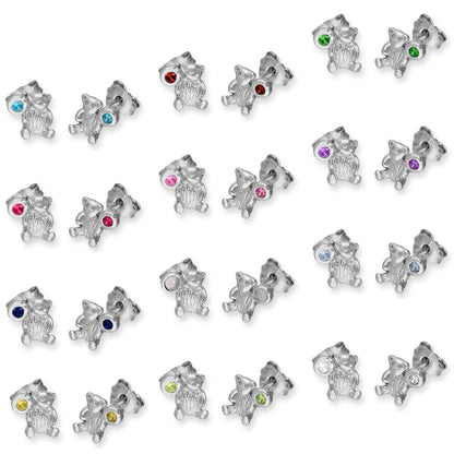 Boucles d'oreilles à tige en argent sterling avec ours en peluche et pierre de naissance en cristal CZ