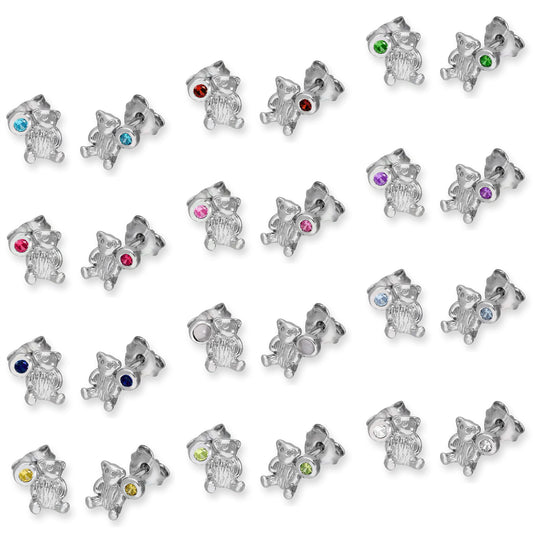 Boucles d'oreilles à tige en argent sterling avec ours en peluche et pierre de naissance en cristal CZ