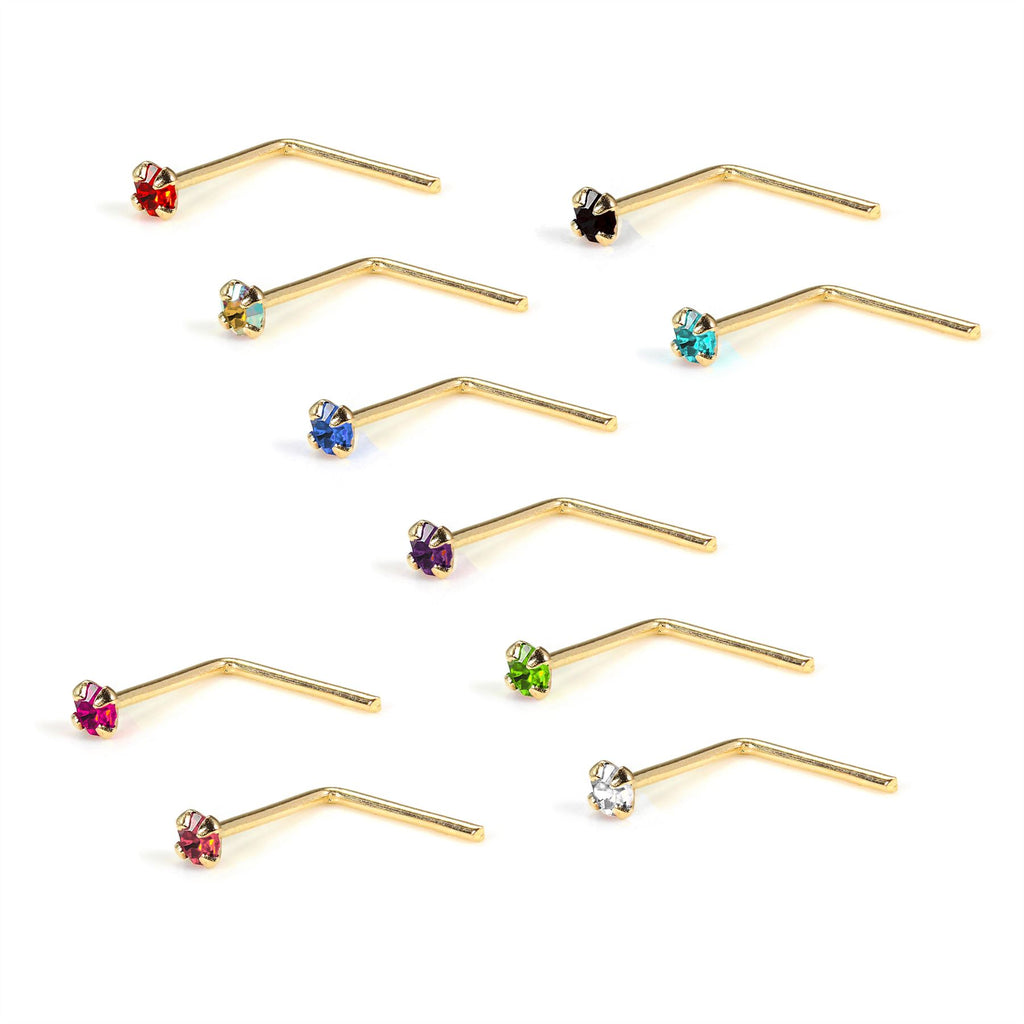Clou de nez en or jaune 9 carats en forme de L avec cristal CZ rond de 1,5 mm