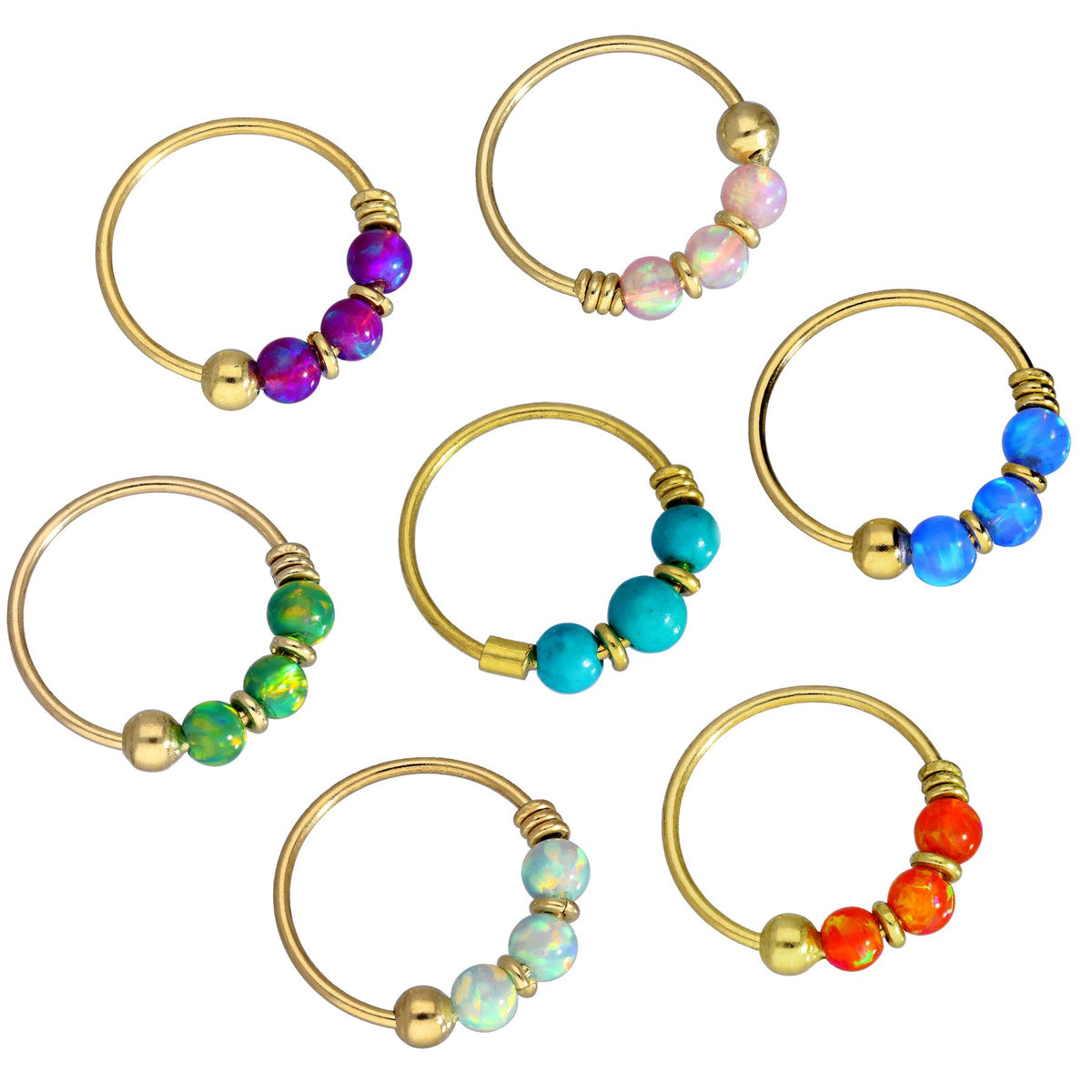 Anneaux de nez en or 9 carats et opale colorée, jade bleu, vert, rose, orange, violet