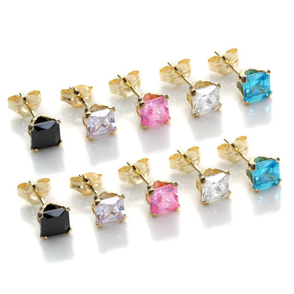 Boucles d'oreilles à tige carrées en or jaune 9 carats et cristal transparent de 4 mm