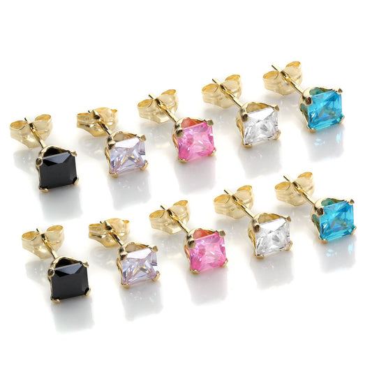 Boucles d'oreilles à tige carrées en or jaune 9 carats et cristal transparent de 4 mm