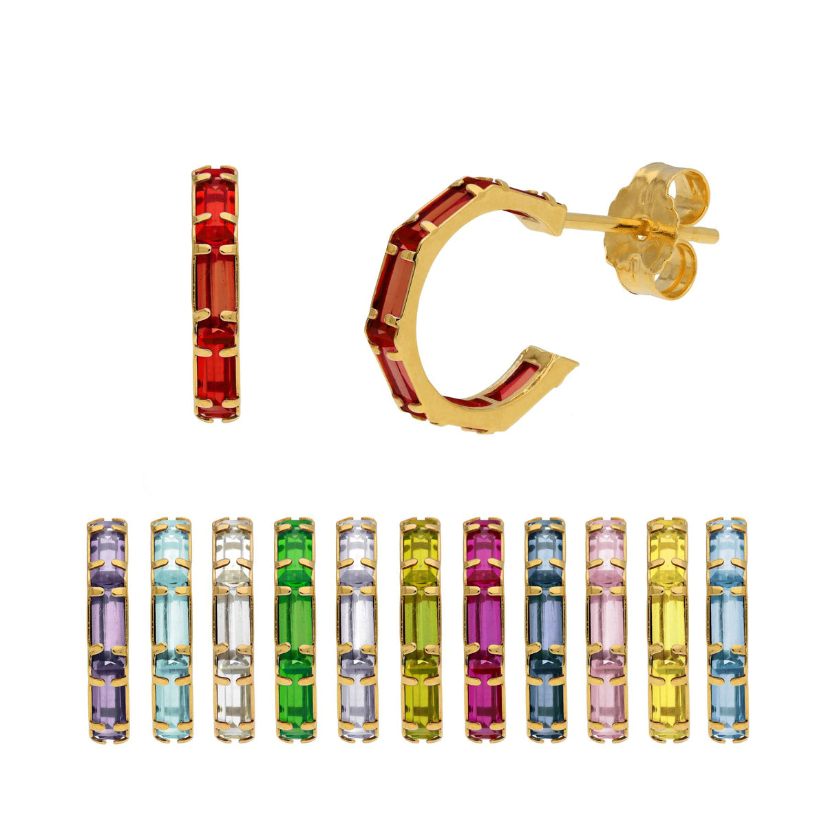 Boucles d'oreilles créoles baguettes en or 9 carats avec pierre de naissance et zircone cubique