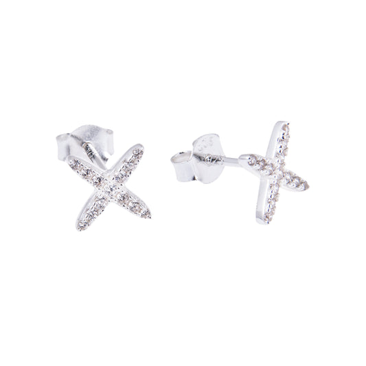 Boucles d'oreilles à tige en argent sterling incrustées de zircones cubiques en forme de croix