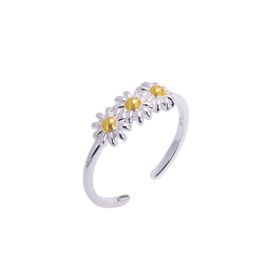 Bague réglable triple marguerite en argent sterling plaqué or