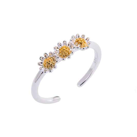 Bague réglable triple marguerite en argent sterling plaqué or