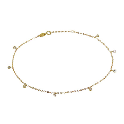 Bracelet de cheville en or 9 carats et cristal CZ transparent 10 pouces