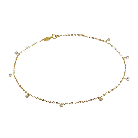 Bracelet de cheville en or 9 carats et cristal CZ transparent 10 pouces