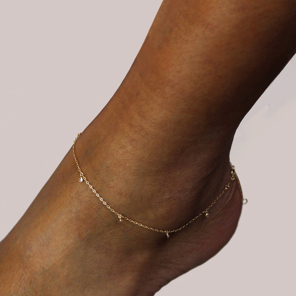 Bracelet de cheville en or 9 carats et cristal CZ transparent 25 cm