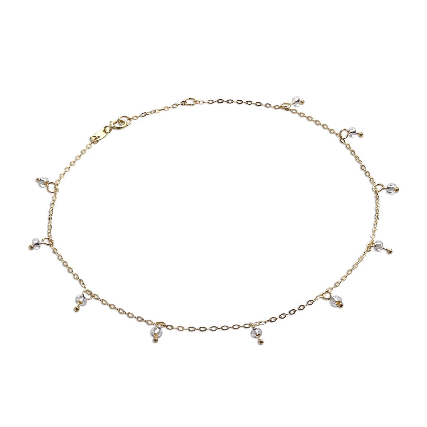 Bracelet de cheville extensible en or 9 carats de 25 cm avec perles en oxyde de zirconium transparent de 2 mm