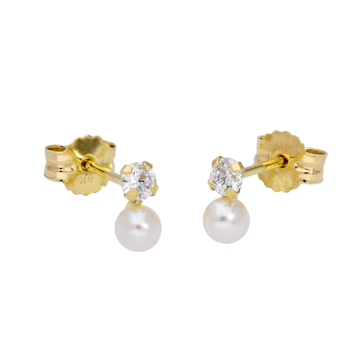 Boucles d'oreilles à tige en or 9 carats et perles d'eau douce en oxyde de zirconium transparent