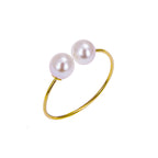 Bague ouverte réglable en or jaune 9 carats avec double perle d'eau douce blanche