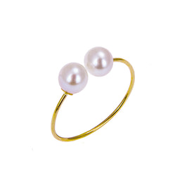 Bague ouverte réglable en or jaune 9 carats avec double perle d'eau douce blanche