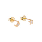 Boucles d'oreilles à tige en or 9 carats avec zircones cubiques transparents et étoile et lune