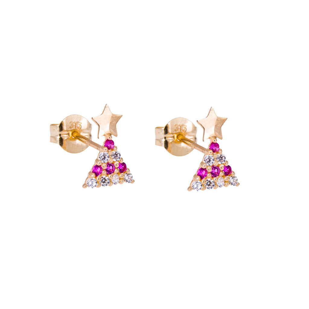 Boucles d'oreilles à tige en or 9 carats avec zircones cubiques rouges et rubis transparents