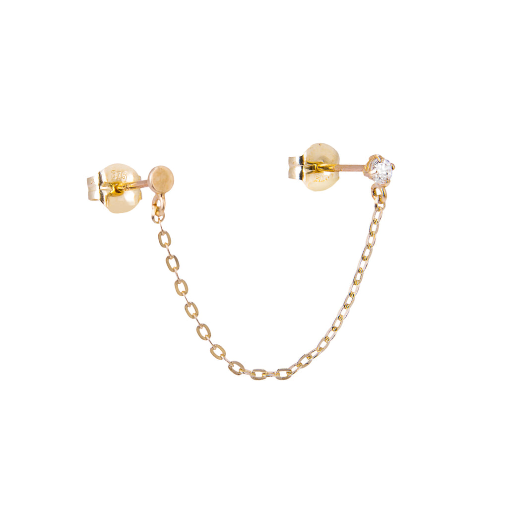 Boucles d'oreilles à double chaîne en or 9 carats avec disque rond et zircones cubiques transparents