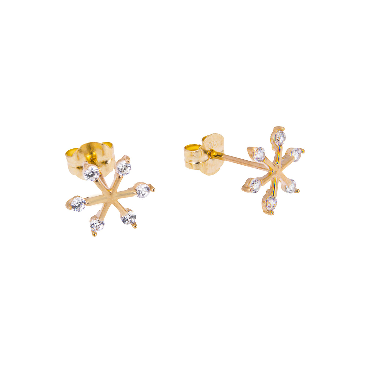 Boucles d'oreilles à tige flocon de neige en or 9 carats et zircones cubiques transparents