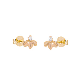 Boucles d'oreilles à tige triple feuille en or 9 carats et zircones cubiques transparents