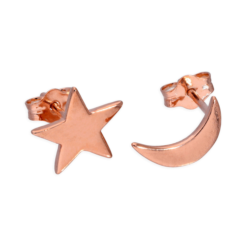 Boucles d'oreilles à tige en argent sterling plaqué or rose, lune et étoile