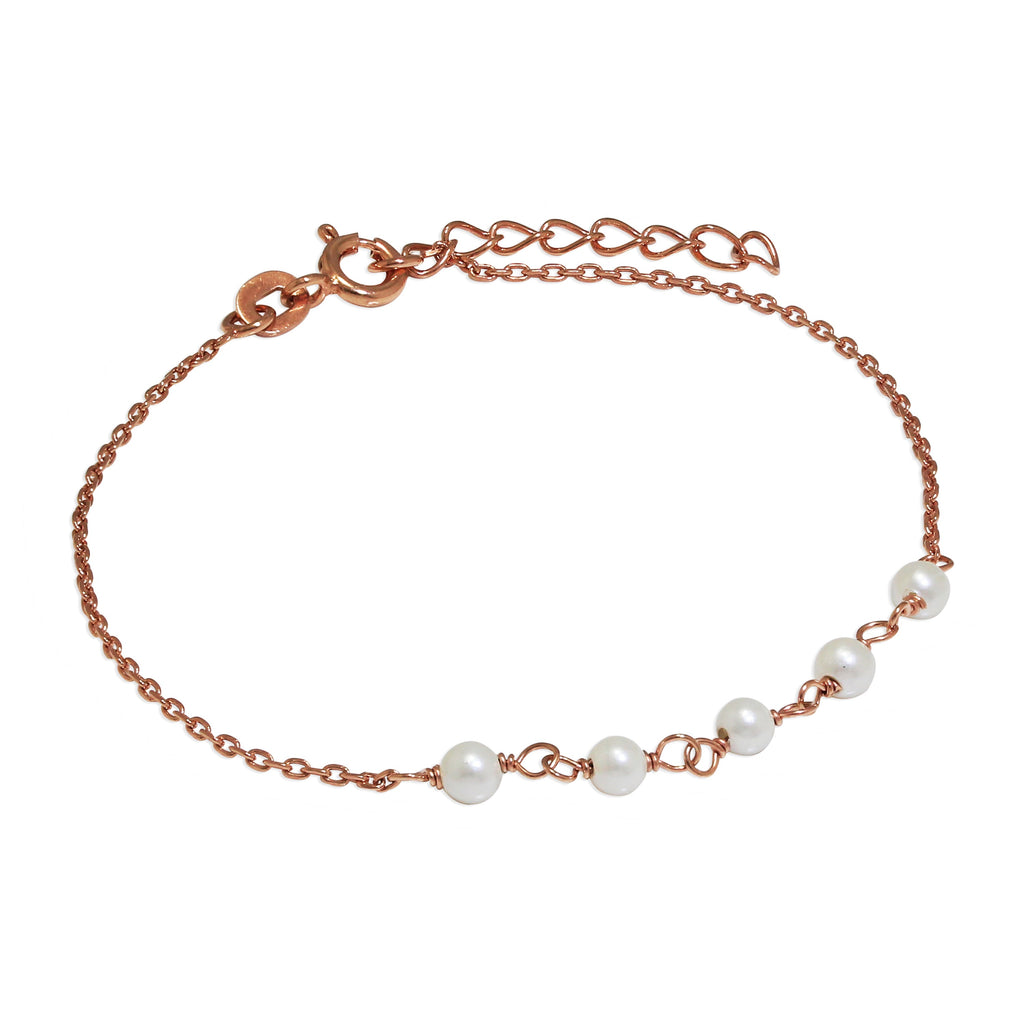 Bracelet fin en argent sterling plaqué or rose avec perles de 3,5 mm
