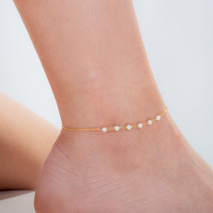 Bracelet de cheville en argent sterling plaqué or et perles martelées 9 + 1,5 pouces