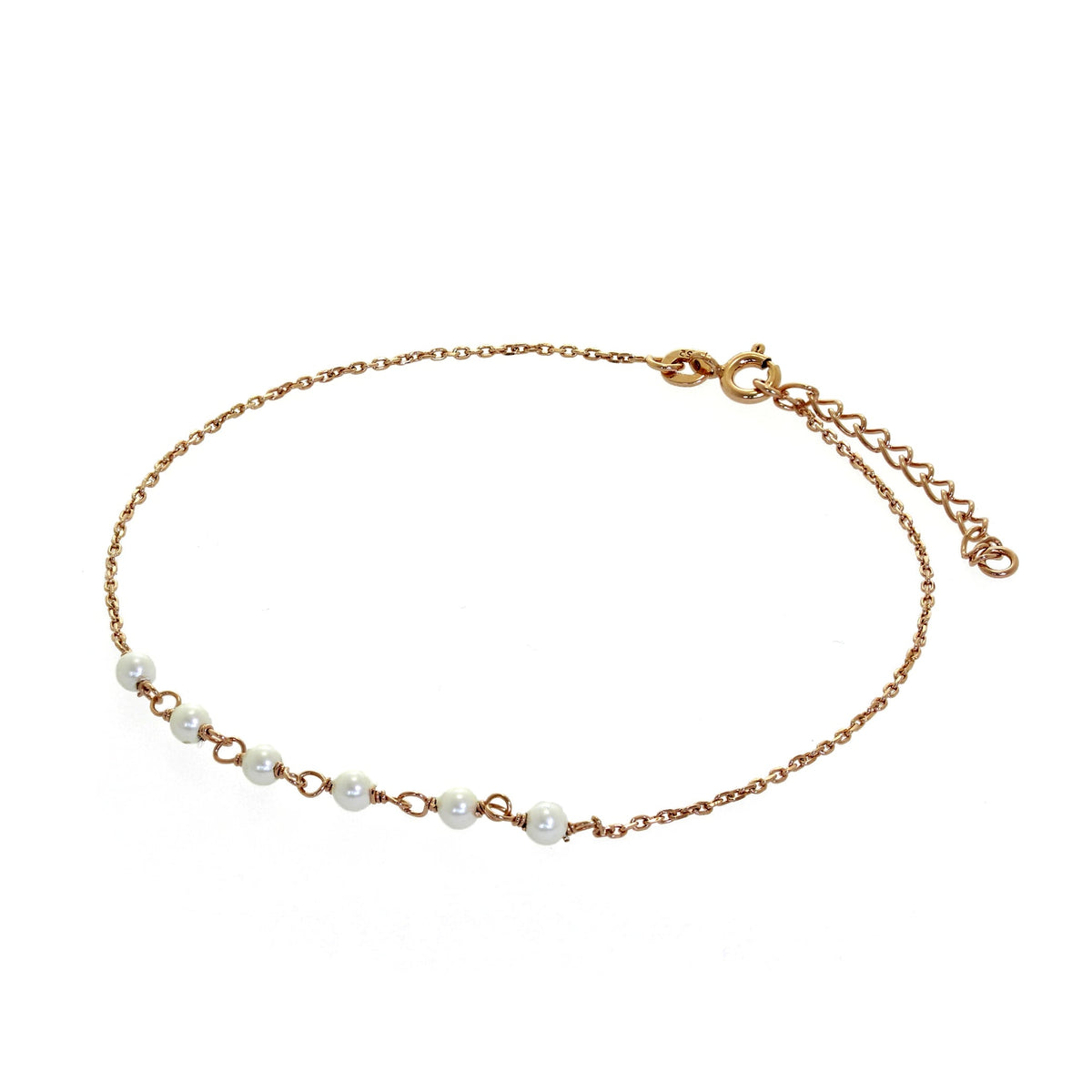 Bracelet de cheville en argent sterling plaqué or rose et perles 23 cm + 4 cm