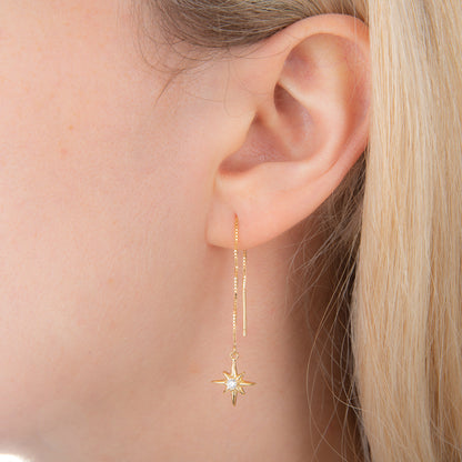 Boucles d'oreilles pendantes en argent sterling plaqué or avec zircones cubiques transparents en forme d'étoile