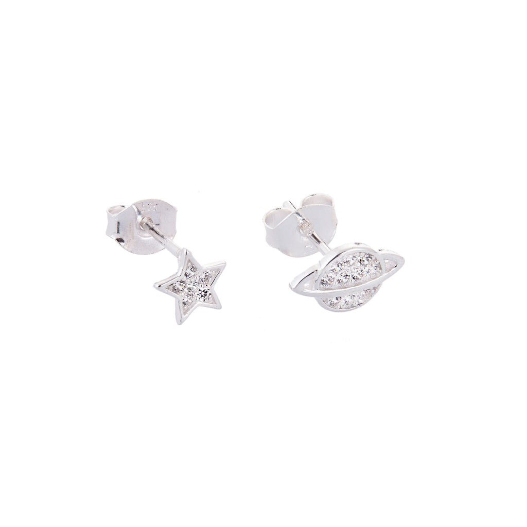 Boucles d'oreilles à tige en argent sterling avec pavé de zircones cubiques transparents, motif étoile et planète, à assortir