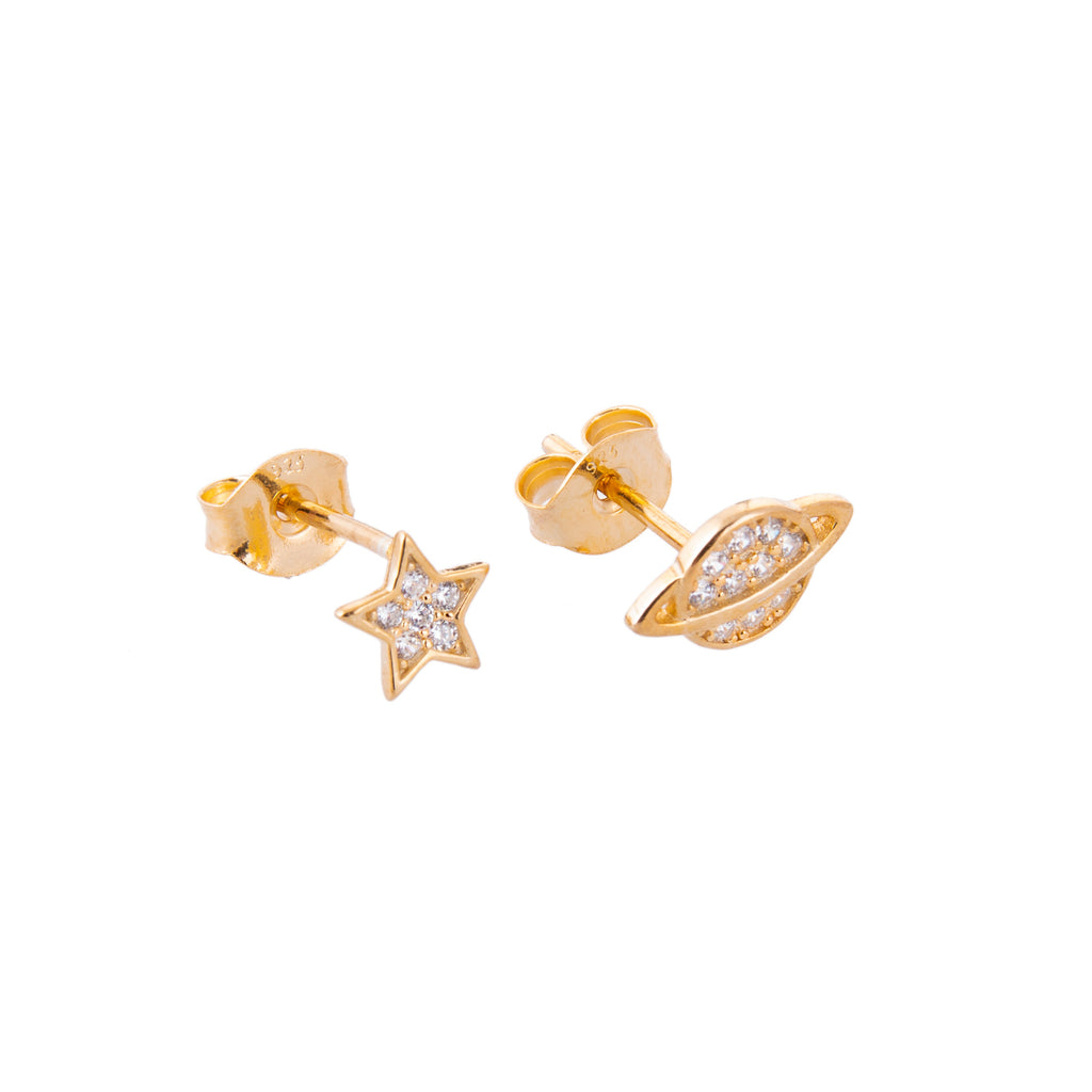 Boucles d'oreilles à tige en argent sterling plaqué or avec étoiles et planètes en zircone cubique transparent