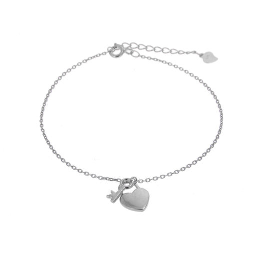 Bracelet réglable en argent sterling avec cadenas en forme de clé et de cœur
