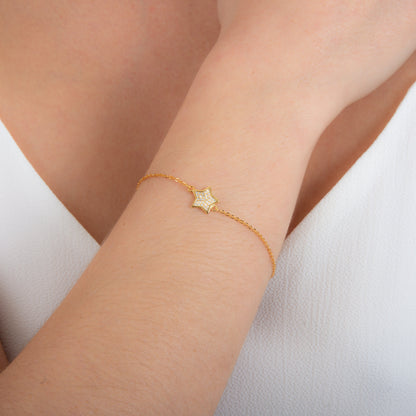 Bracelet réglable en argent sterling plaqué or avec étoile et zircones cubiques transparents