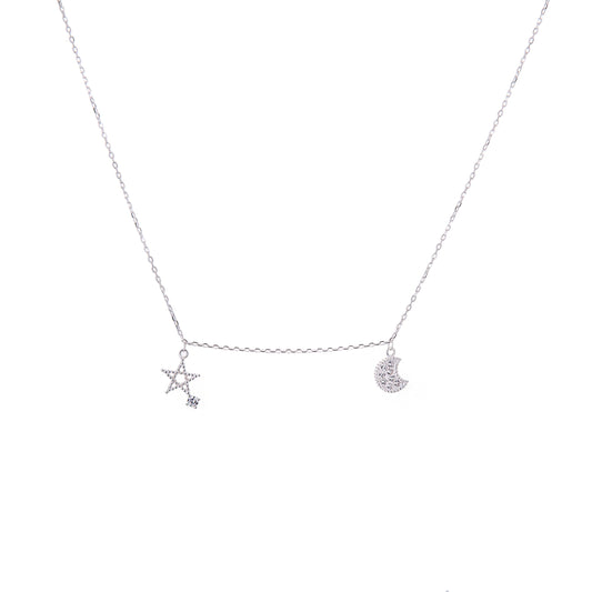 Collier étoile et lune en argent sterling avec zircones cubiques transparents