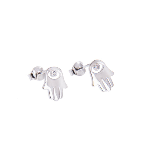 Boucles d'oreilles à tige en argent sterling avec œil en zircone cubique transparent et main de Fatma