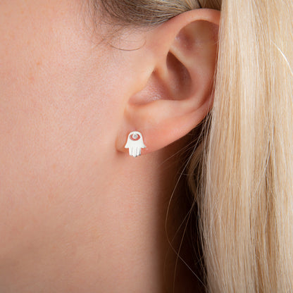 Boucles d'oreilles à tige en argent sterling avec œil en zircone cubique transparent et main de Fatma