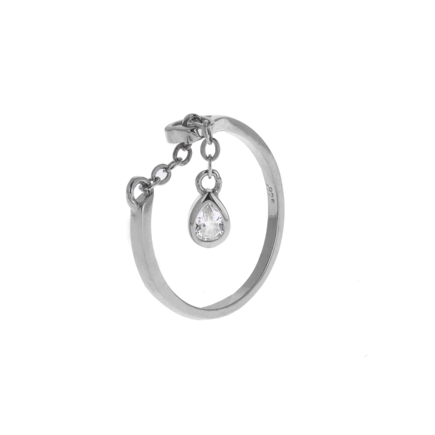 Bague réglable en argent sterling avec chaîne en forme de larme et zircone cubique transparent