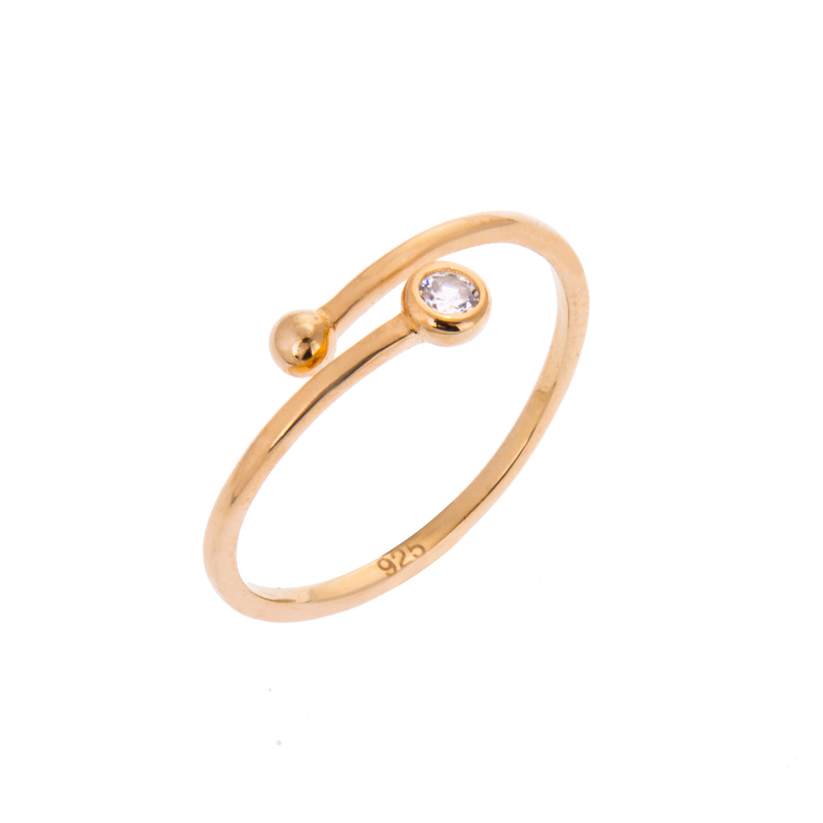 Bague ouverte minimaliste réglable en argent sterling plaqué or avec zircone cubique ronde transparente et boule