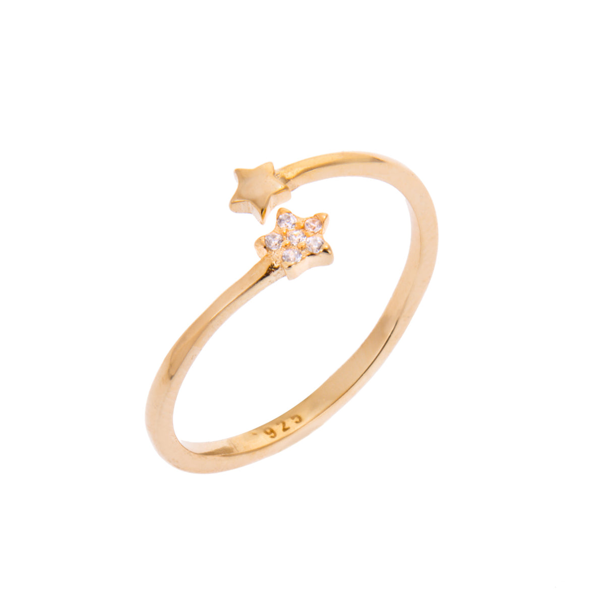 Bague réglable ouverte en argent sterling plaqué or avec petite étoile et zircones cubiques transparents
