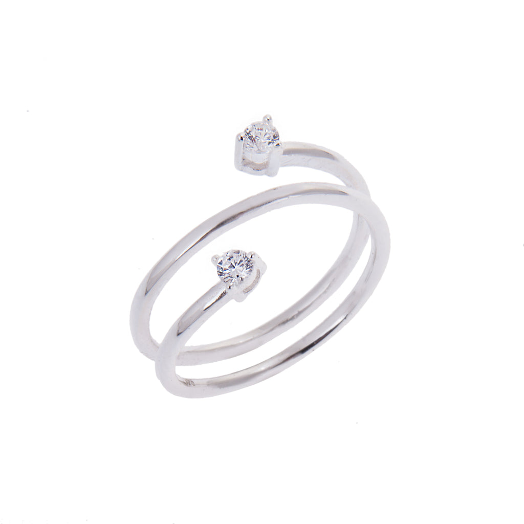 Bague réglable ouverte en argent sterling avec double oxyde de zirconium transparent rond