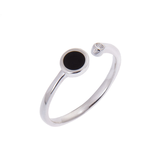 Bague ouverte ajustable minimaliste en argent sterling avec disque rond en émail noir et zircone cubique transparent