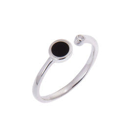 Bague ouverte ajustable minimaliste en argent sterling avec disque rond en émail noir et zircone cubique transparent