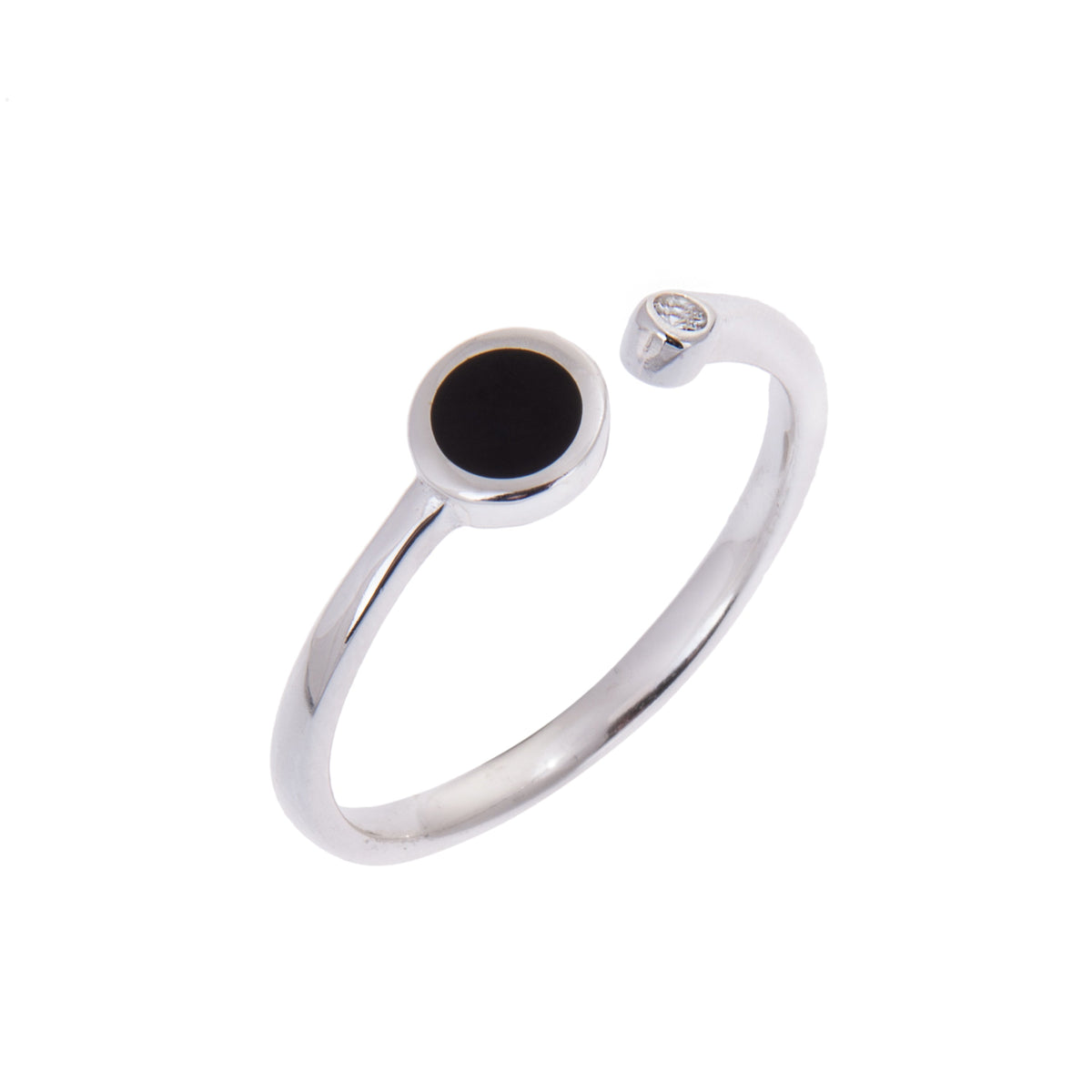 Bague ouverte ajustable minimaliste en argent sterling avec disque rond en émail noir et zircone cubique transparent