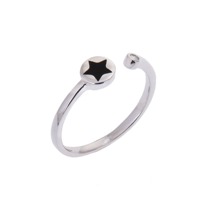 Bague ouverte ajustable en argent sterling avec disque en émail noir et zircone cubique