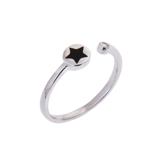 Bague ouverte ajustable en argent sterling avec disque en émail noir et zircone cubique