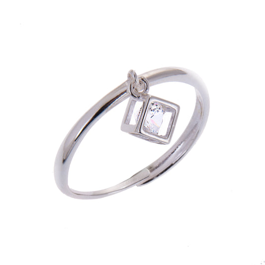Bague réglable en argent sterling avec pendentif en forme de cube carré et zircone cubique transparent