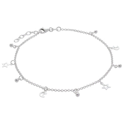 Bracelet de cheville réglable en argent sterling avec boule en forme de lune et d'étoile