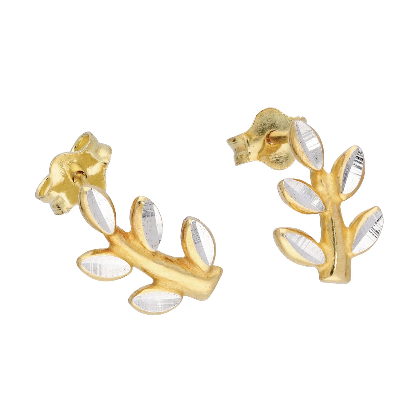 Boucles d'oreilles à tige en argent sterling plaqué or, forme de feuille et de branche taillée en diamant