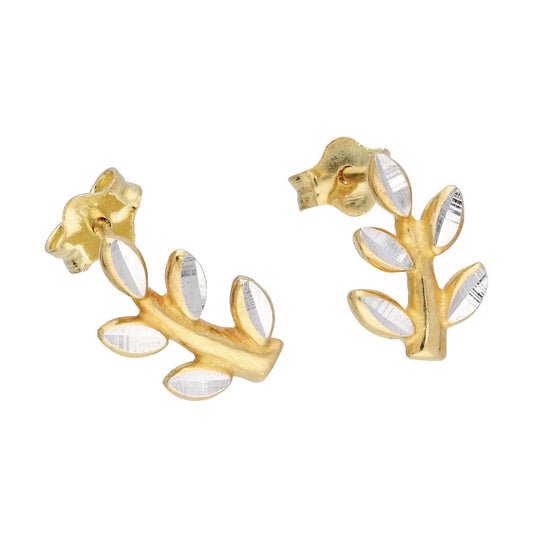 Boucles d'oreilles à tige en argent sterling plaqué or, forme de feuille et de branche taillée en diamant
